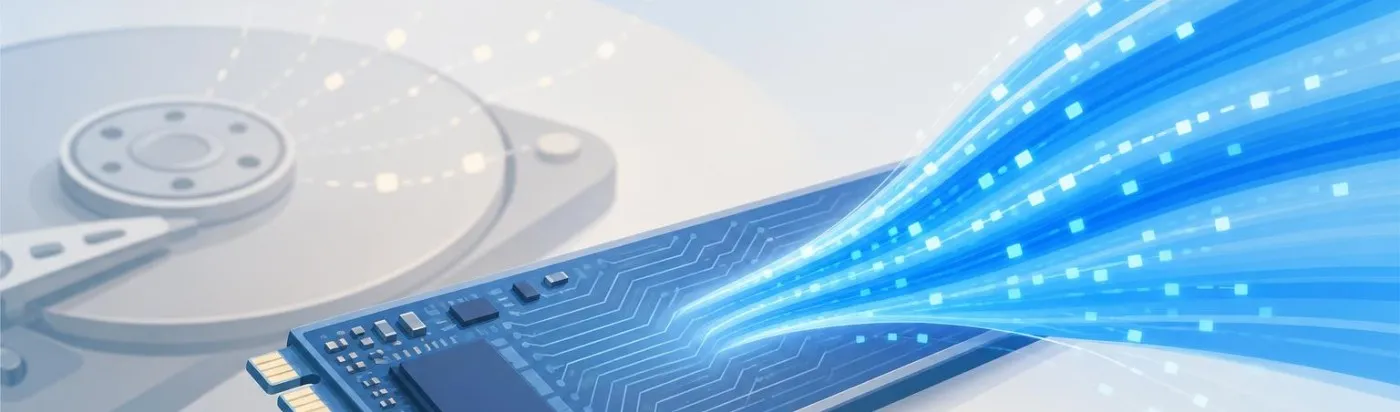 Κοντινή όψη NVMe δίσκου με ρεύματα δεδομένων που εκτοξεύονται γρήγορα προς τα έξω