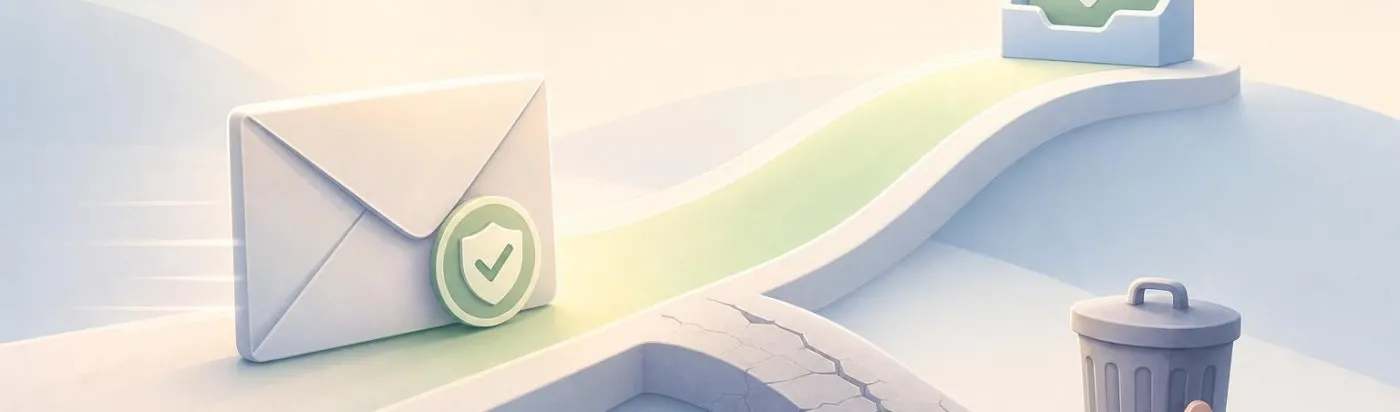 Φάκελος email με SPF badge διαλέγει ανάμεσα σε ασφαλή πράσινη διαδρομή προς inbox και απορριπτέα γκρίζα προς spam